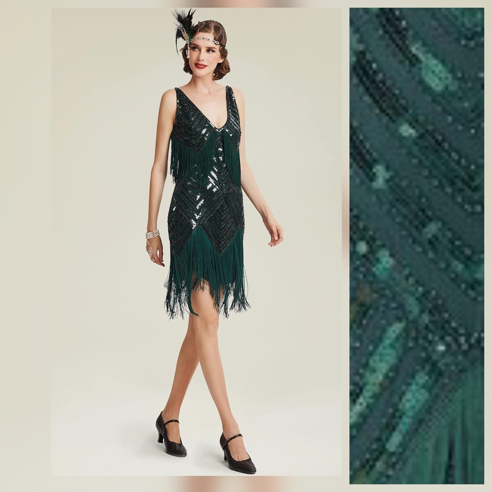 New Women's Green Flapper Fringe Gasby Cocktail Dress By Yessa. Size S